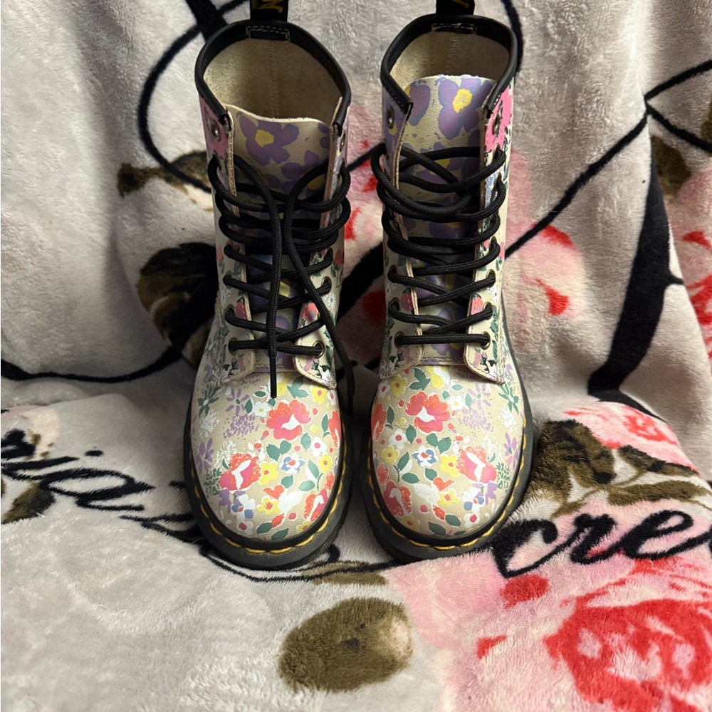 Dr. Martens Pink and Purple Combat Boots Floral Pattern
